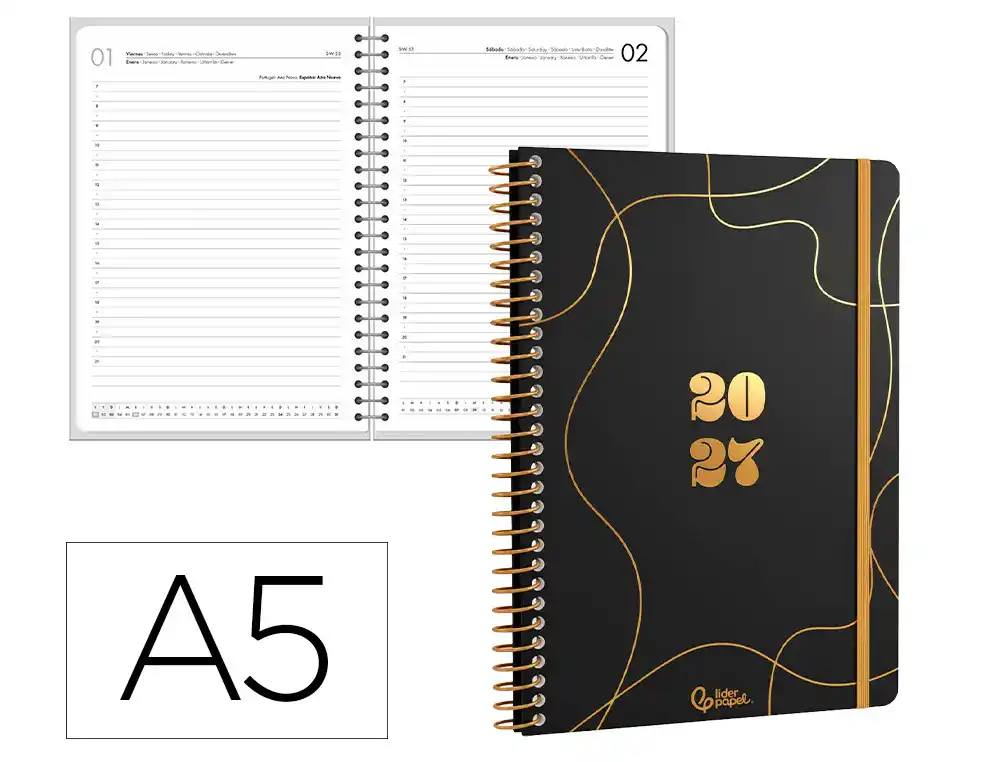 Agenda oficina liderpapel 2027 espiral perissa dia pagina a5 bilingue 80g papel fsc negro