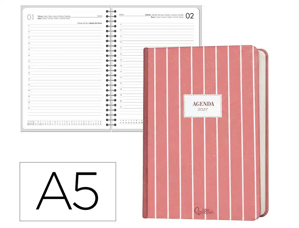 Agenda oficina liderpapel 2027 encuadernada nomi dia pagina a5 bilingue 70g papel fsc rojo