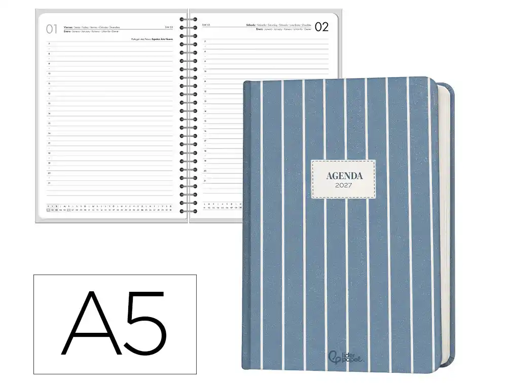 Agenda oficina liderpapel 2027 encuadernada nomi dia pagina a5 bilingue 70g papel fsc azul