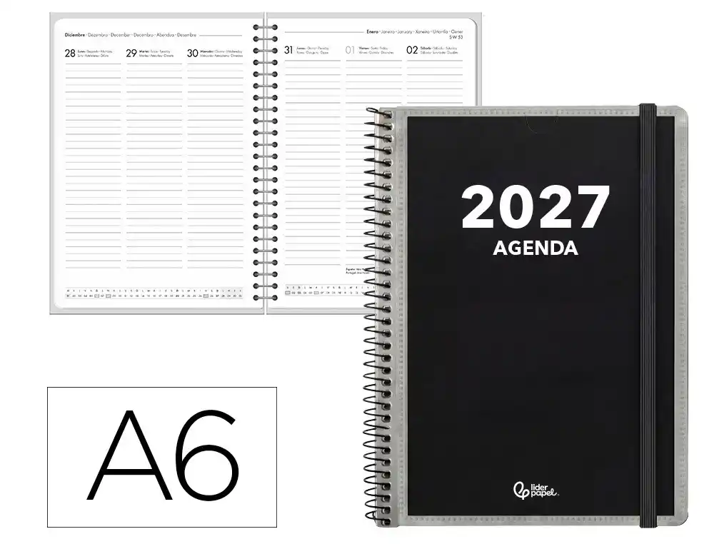 Agenda oficina liderpapel 2027 espiral personalizable semana vista a6 bilingue 70g papel fsc personalizable