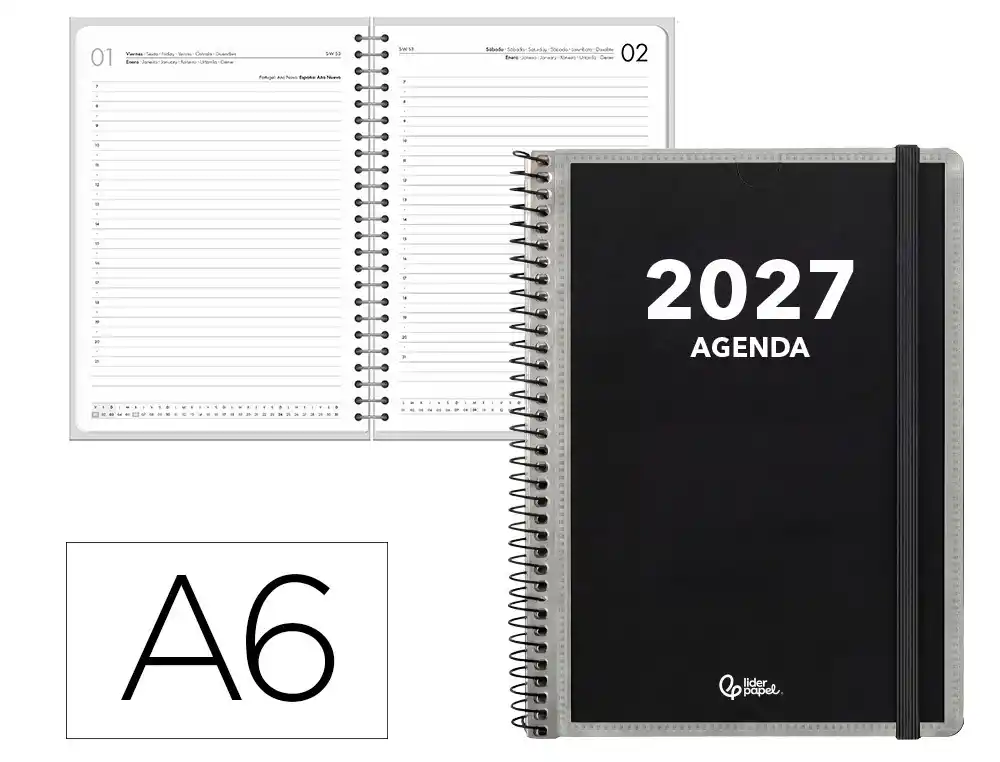 Agenda oficina liderpapel 2027 espiral personalizable dia pagina a6 bilingue 70g papel fsc personalizable