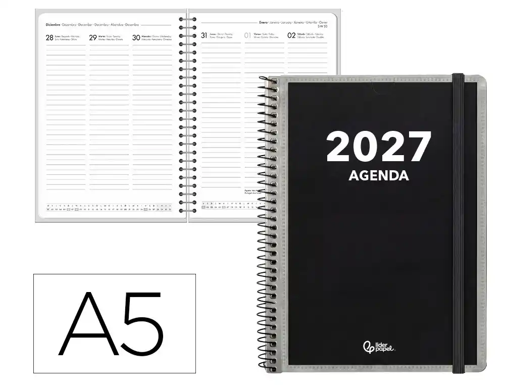 Agenda oficina liderpapel 2027 espiral personalizable semana vista a5 bilingue 70g papel fsc personalizable