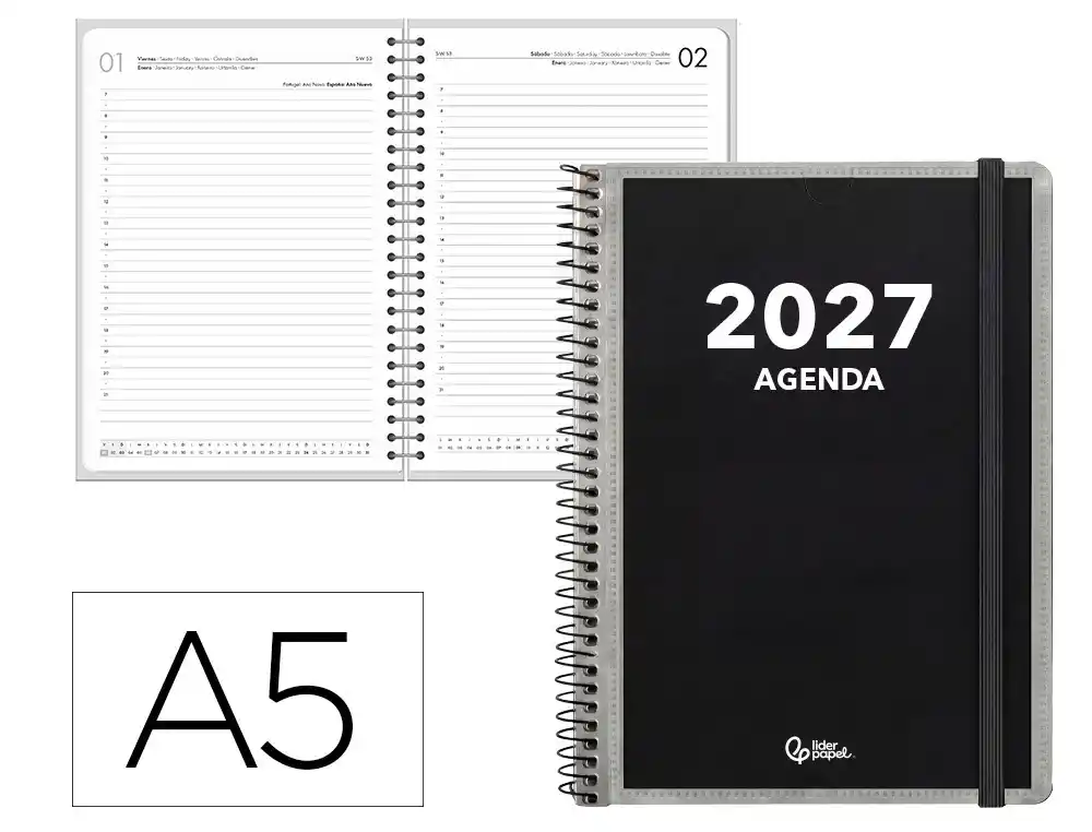 Agenda oficina liderpapel 2027 espiral personalizable dia pagina a5 bilingue 70g papel fsc personalizable