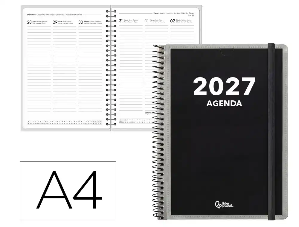 Agenda oficina liderpapel 2027 espiral personalizable semana vista a4 bilingue 70g papel fsc personalizable