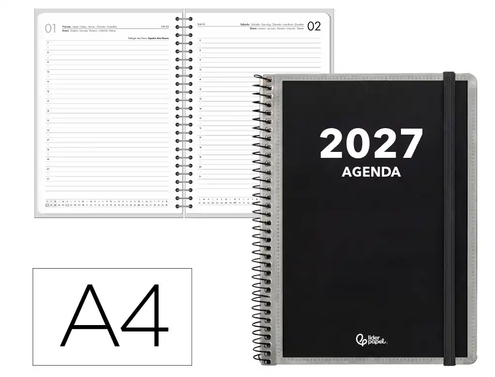 Agenda oficina liderpapel 2027 espiral personalizable dia pagina a4 bilingue 70g papel fsc personalizable
