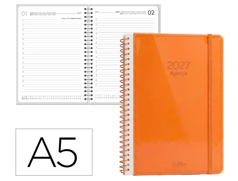 Agenda oficina liderpapel 2027 espiral neon dia pagina a5 bilingue 70g papel fsc naranja