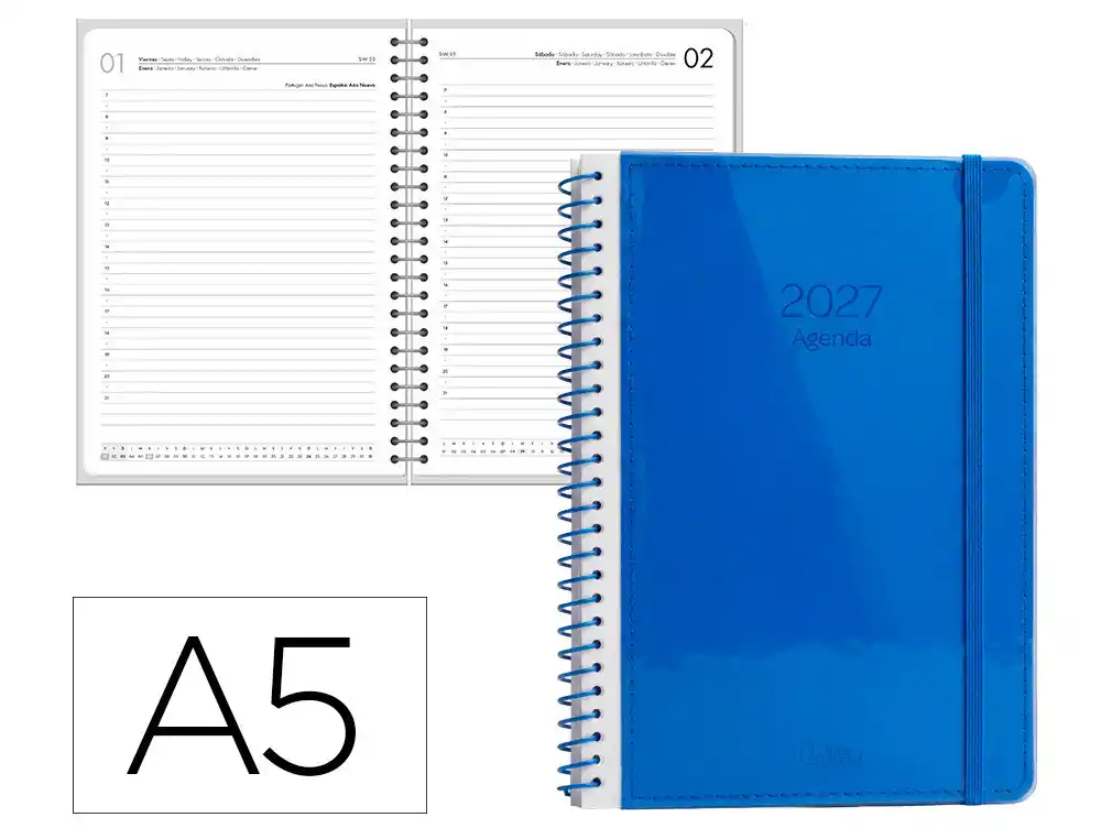 Agenda oficina liderpapel 2027 espiral neon dia pagina a5 bilingue 70g papel fsc azul