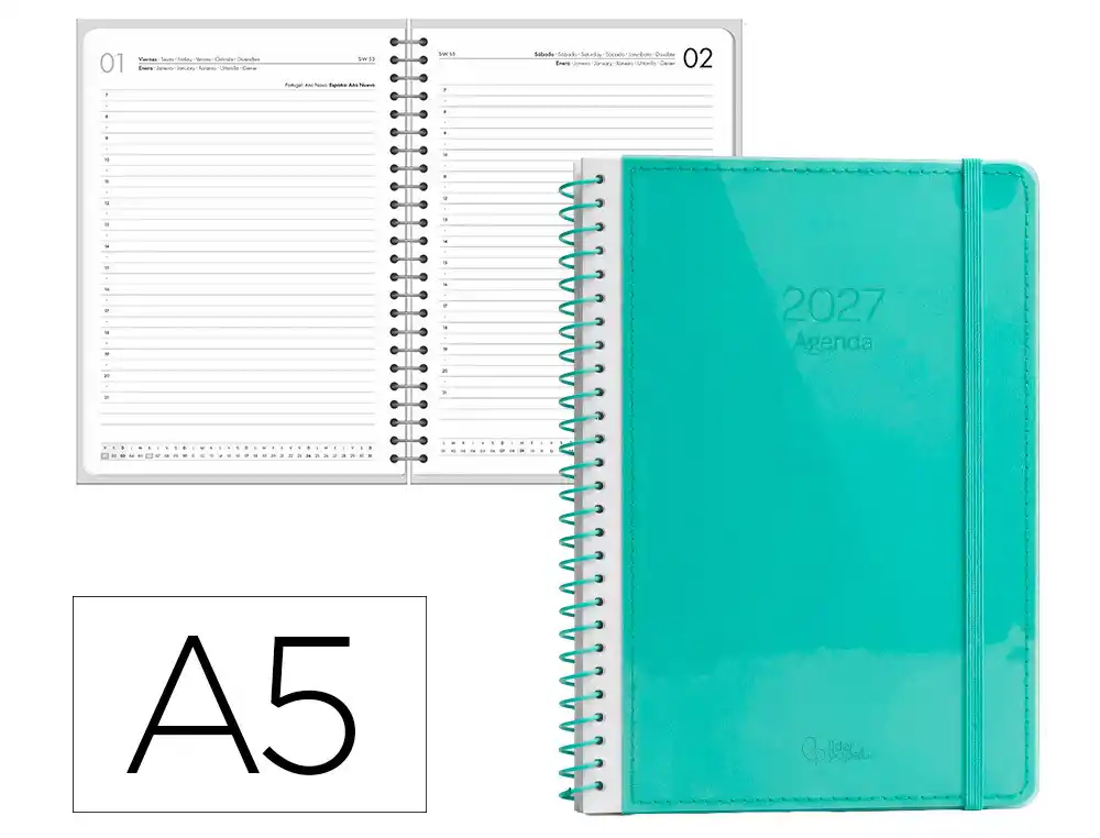 Agenda oficina liderpapel 2027 espiral neon dia pagina a5 bilingue 70g papel fsc turquesa