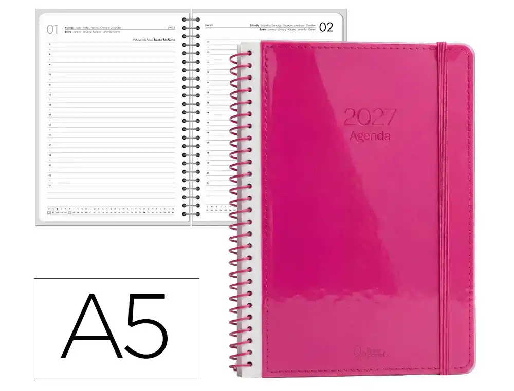 Agenda oficina liderpapel 2027 espiral neon dia pagina a5 bilingue 70g papel fsc rosa