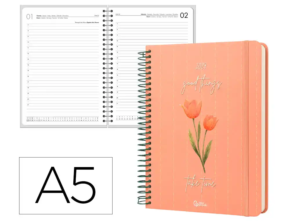 Agenda oficina liderpapel 2027 espiral flowers a dia pagina a5 bilingue 70g papel fsc naranja