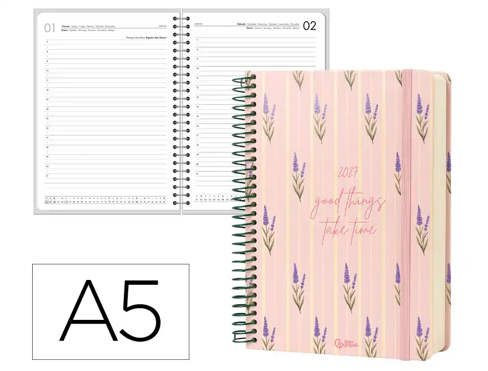 Agenda oficina liderpapel 2027 espiral flowers a dia pagina a5 bilingue 70g papel fsc rosa