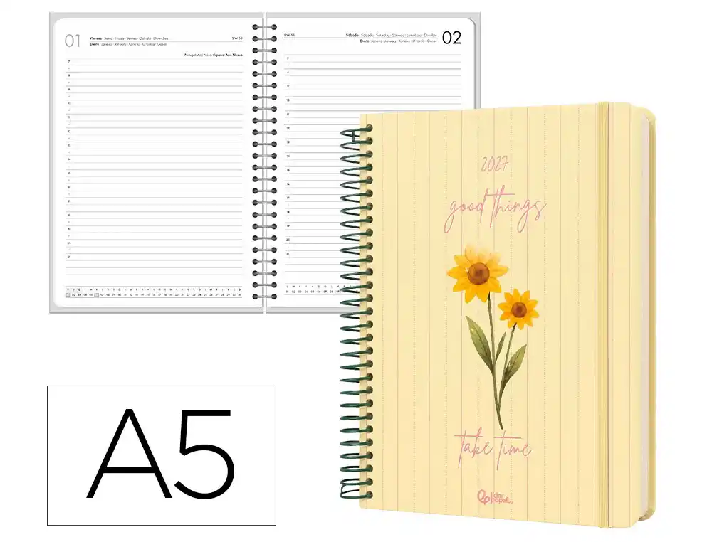 Agenda oficina liderpapel 2027 espiral flowers a dia pagina a5 bilingue 70g papel fsc amarillo