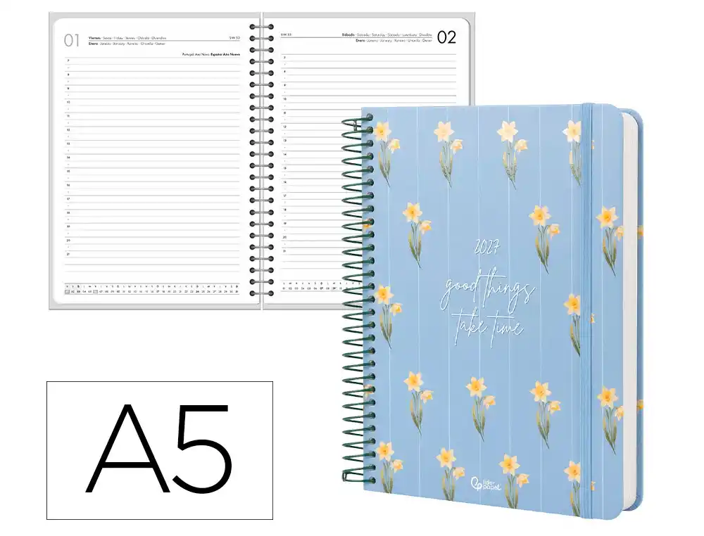 Agenda oficina liderpapel 2027 espiral flowers a dia pagina a5 bilingue 70g papel fsc celeste