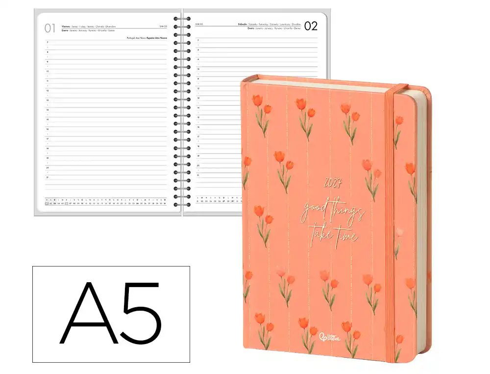 Agenda oficina liderpapel 2027 encuadernada flowers a semana vista a5 bilingue 70g papel fsc naranja