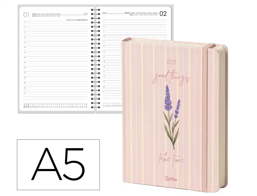 Agenda oficina liderpapel 2027 encuadernada flowers a semana vista a5 bilingue 70g papel fsc rosa