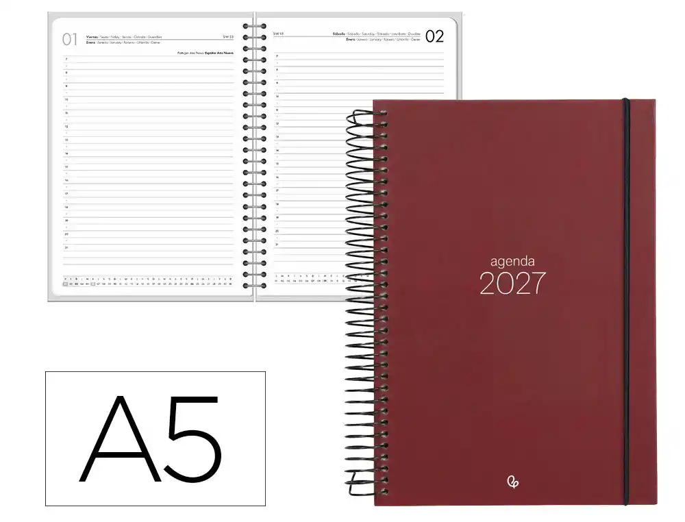 Agenda oficina liderpapel 2027 espiral olbia dia pagina a5 bilingue 60g papel fsc rojo