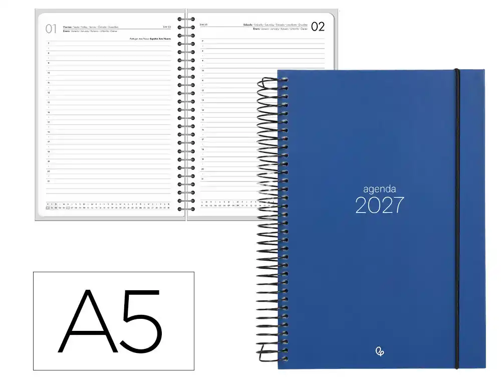 Agenda oficina liderpapel 2027 espiral olbia dia pagina a5 bilingue 60g papel fsc azul