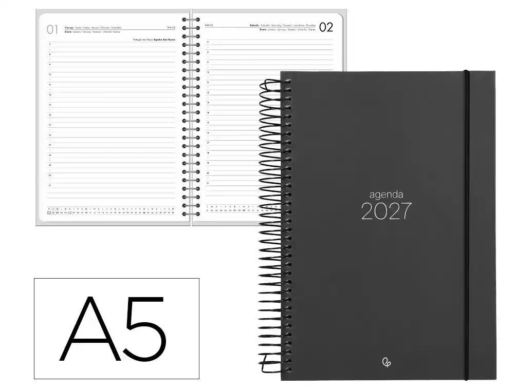 Agenda oficina liderpapel 2027 espiral olbia dia pagina a5 bilingue 60g papel fsc negro