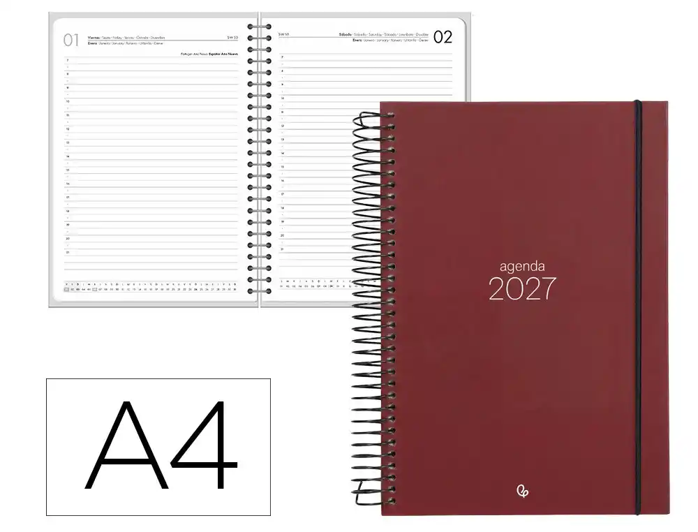 Agenda oficina liderpapel 2027 espiral olbia dia pagina a4 bilingue 60g papel fsc rojo