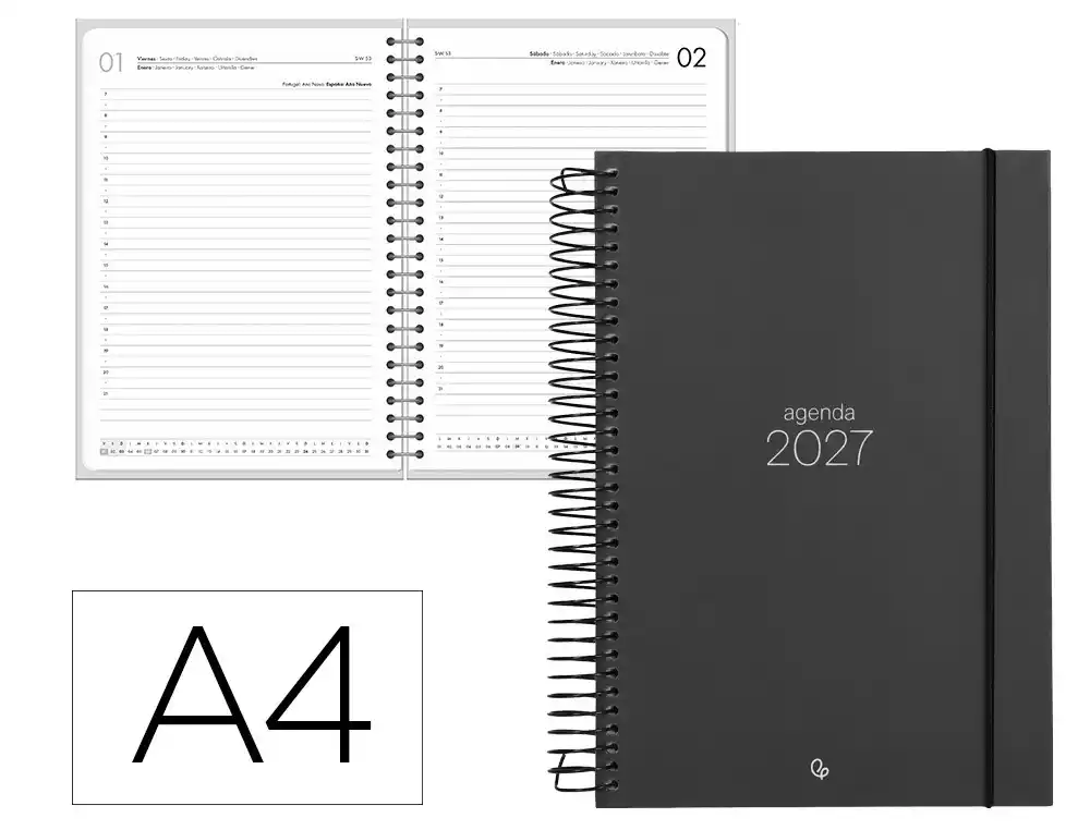 Agenda oficina liderpapel 2027 espiral olbia dia pagina a4 bilingue 60g papel fsc negro
