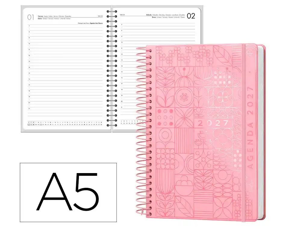 Agenda oficina liderpapel 2027 espiral syros dia pagina a5 bilingue 60g papel fsc rosa