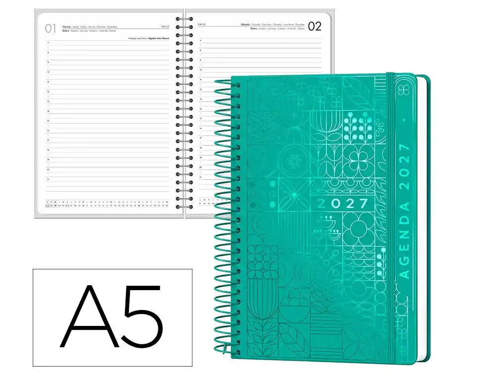 Agenda oficina liderpapel 2027 espiral syros dia pagina a5 bilingue 60g papel fsc turquesa