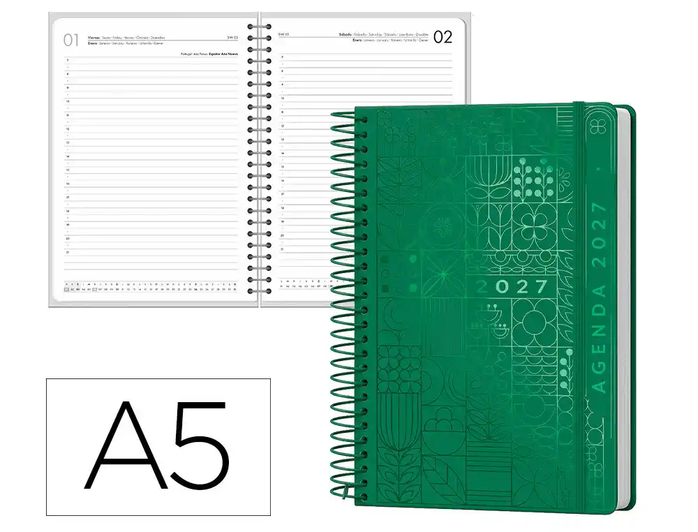 Agenda oficina liderpapel 2027 espiral syros dia pagina a5 bilingue 60g papel fsc verde