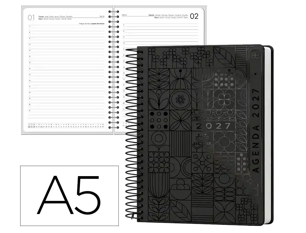 Agenda oficina liderpapel 2027 espiral syros dia pagina a5 bilingue 60g papel fsc negro