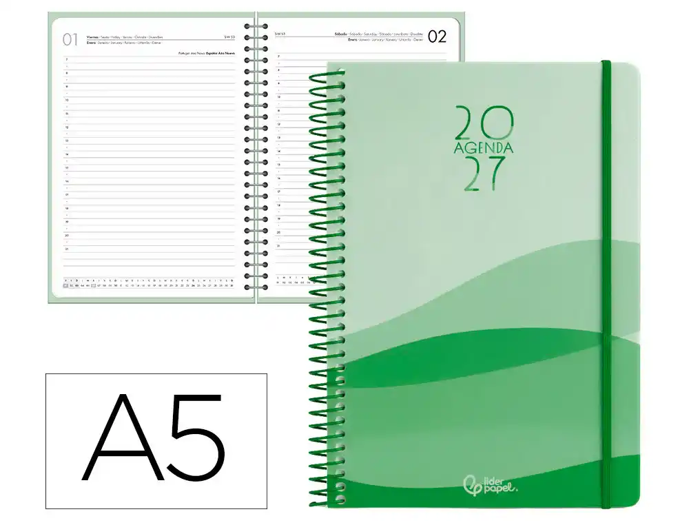 Agenda oficina liderpapel 2027 espiral gazi dia pagina a5 bilingue 70g papel fsc verde