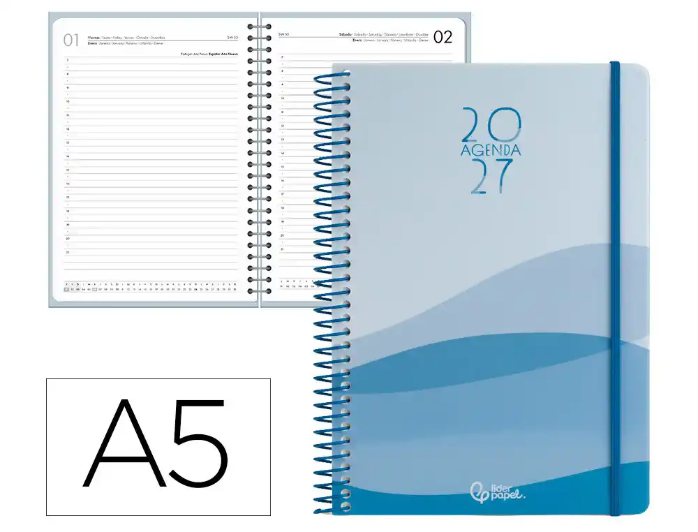Agenda oficina liderpapel 2027 espiral gazi dia pagina a5 bilingue 70g papel fsc azul
