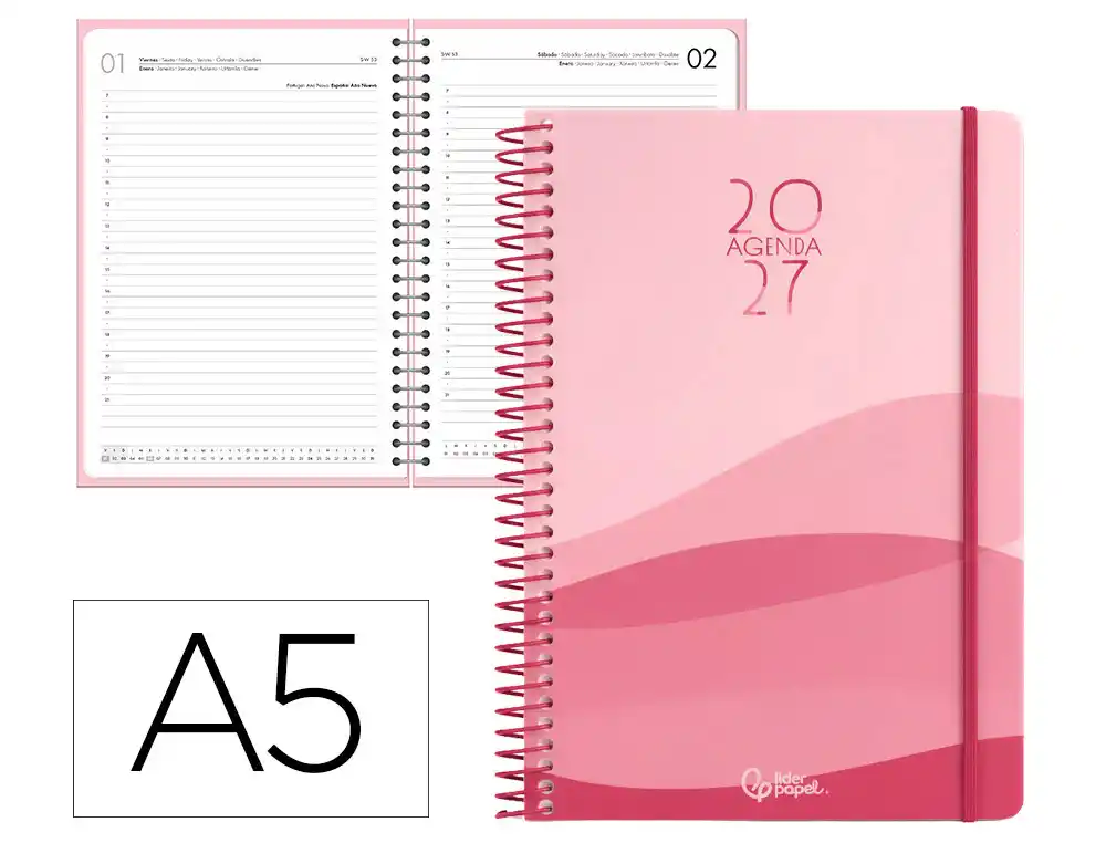 Agenda oficina liderpapel 2027 espiral gazi dia pagina a5 bilingue 70g papel fsc rojo