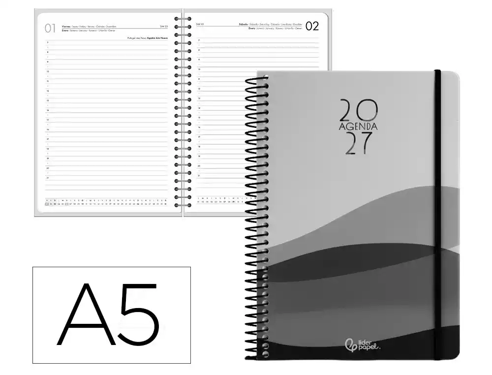 Agenda oficina liderpapel 2027 espiral gazi dia pagina a5 bilingue 70g papel fsc negro
