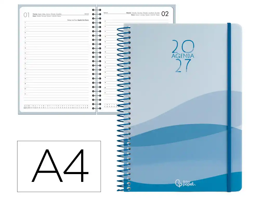 Agenda oficina liderpapel 2027 espiral gazi dia pagina a4 bilingue 70g papel fsc azul