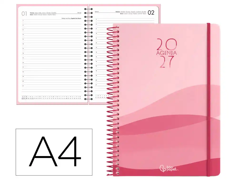 Agenda oficina liderpapel 2027 espiral gazi dia pagina a4 bilingue 70g papel fsc rojo