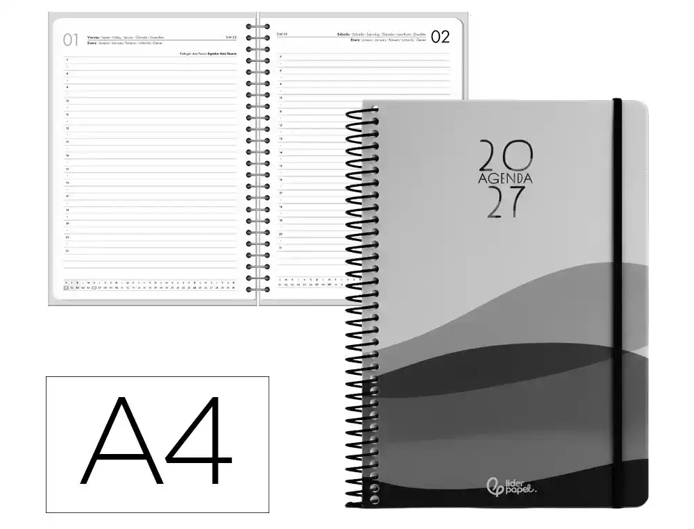Agenda oficina liderpapel 2027 espiral gazi dia pagina a4 bilingue 70g papel fsc negro