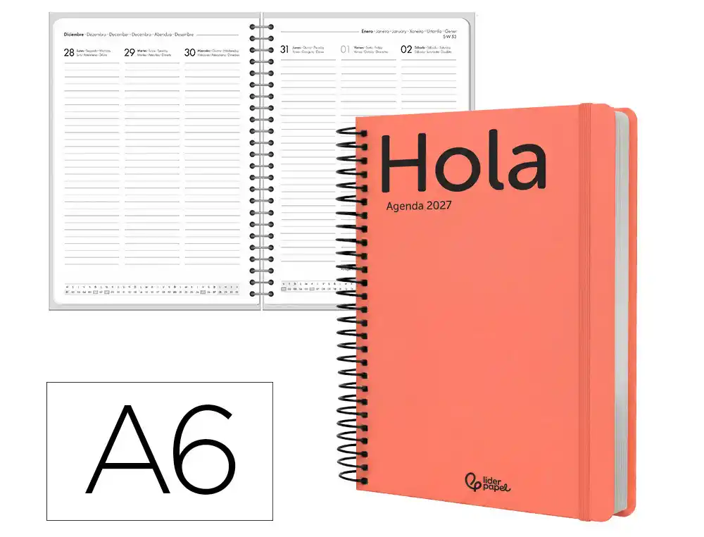 Agenda oficina liderpapel 2027 espiral classic semana vista a6 bilingue 70g papel fsc naranja