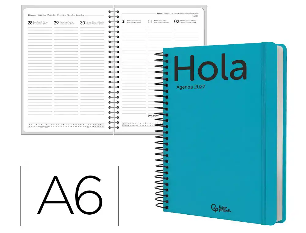 Agenda oficina liderpapel 2027 espiral classic semana vista a6 bilingue 70g papel fsc turquesa