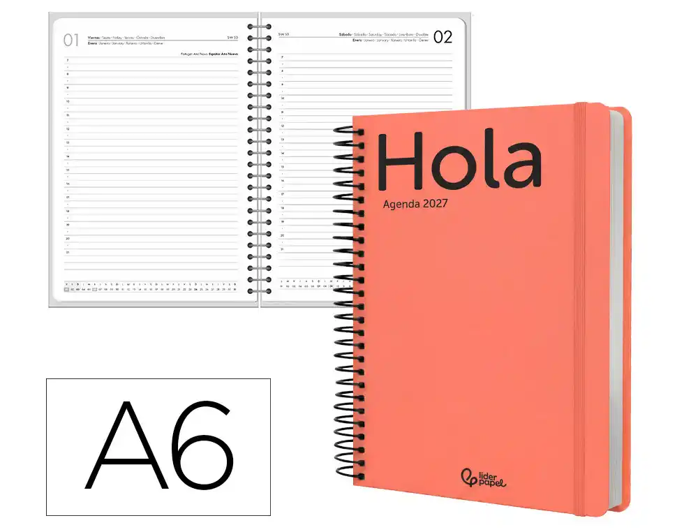 Agenda oficina liderpapel 2027 espiral classic dia pagina a6 bilingue 70g papel fsc naranja