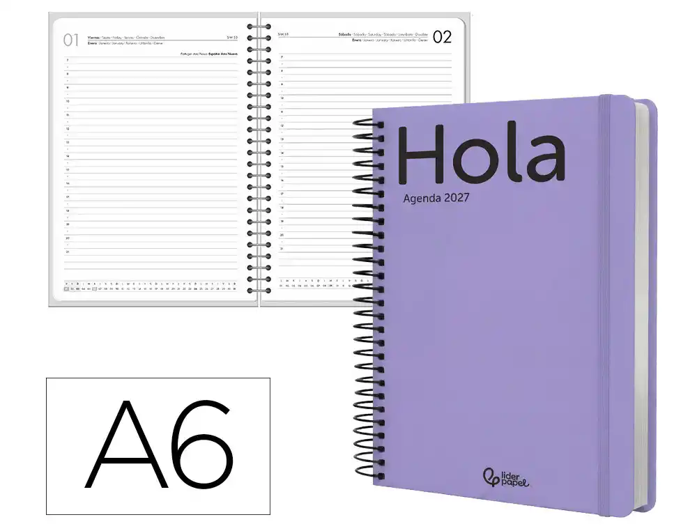 Agenda oficina liderpapel 2027 espiral classic dia pagina a6 bilingue 70g papel fsc malva