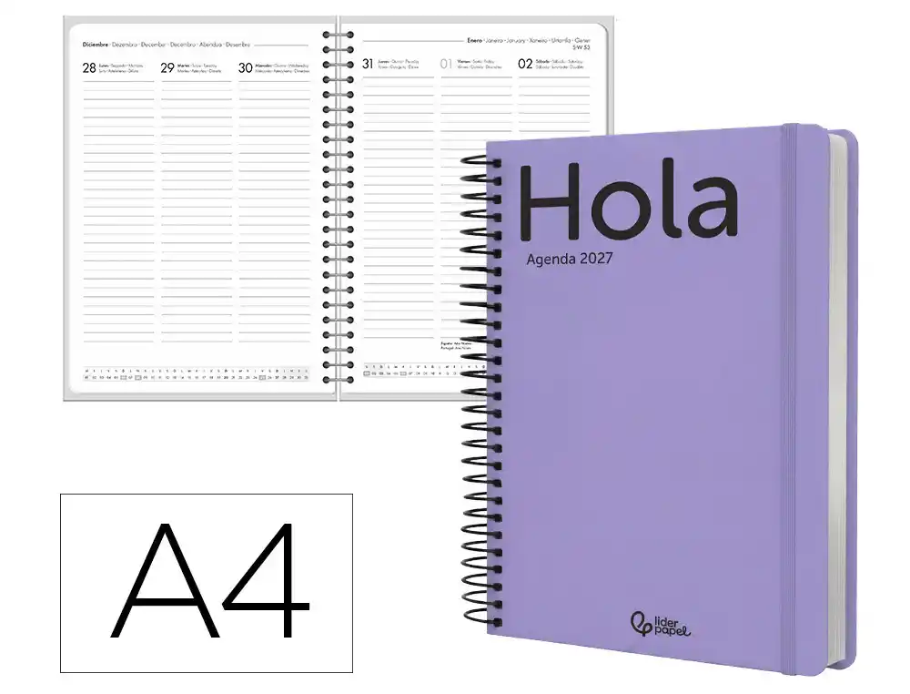 Agenda oficina liderpapel 2027 espiral classic semana vista a4 bilingue 70g papel fsc malva
