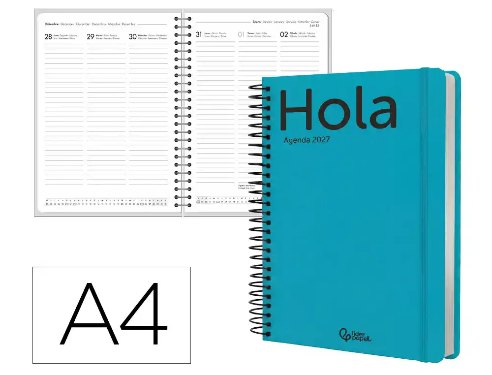Agenda oficina liderpapel 2027 espiral classic semana vista a4 bilingue 70g papel fsc turquesa