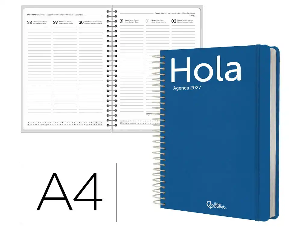 Agenda oficina liderpapel 2027 espiral classic semana vista a4 bilingue 70g papel fsc azul