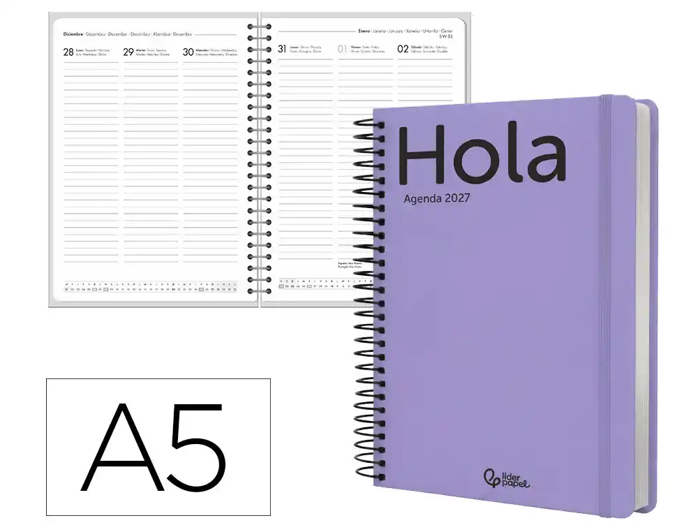 Agenda oficina liderpapel 2027 espiral classic semana vista a5 bilingue 70g papel fsc malva