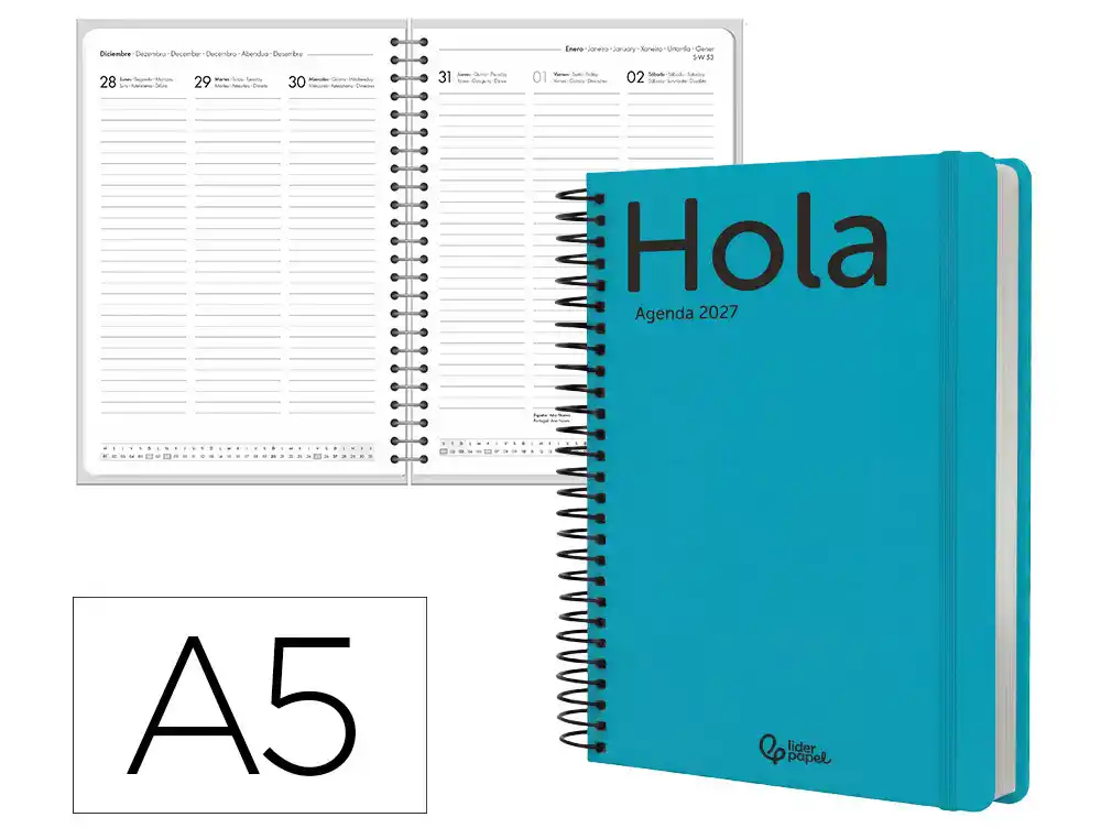 Agenda oficina liderpapel 2027 espiral classic semana vista a5 bilingue 70g papel fsc turquesa
