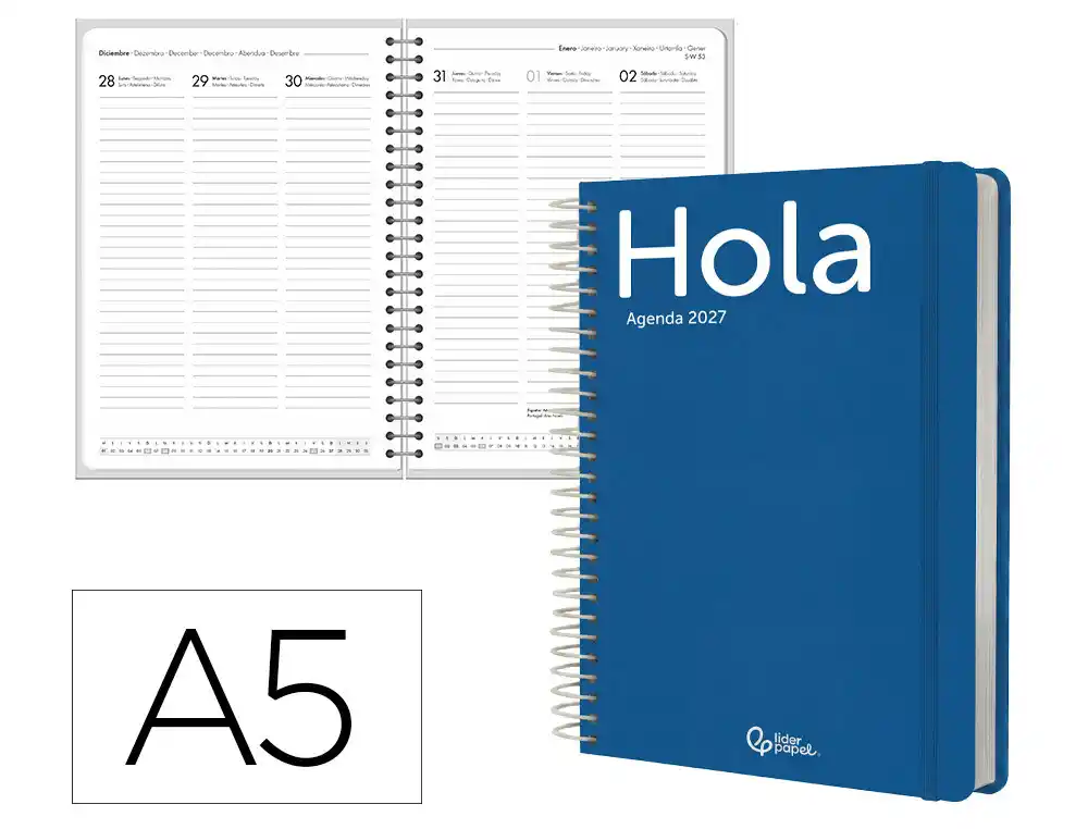 Agenda oficina liderpapel 2027 espiral classic semana vista a5 bilingue 70g papel fsc azul