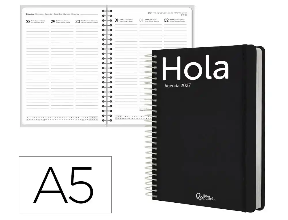 Agenda oficina liderpapel 2027 espiral classic semana vista a5 bilingue 70g papel fsc negro