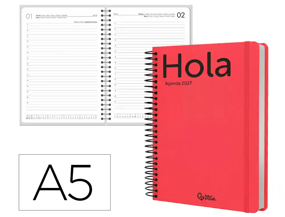 Agenda oficina liderpapel 2027 espiral classic dia pagina a5 bilingue 70g papel fsc rojo