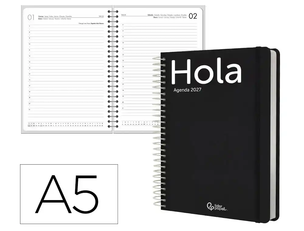 Agenda oficina liderpapel 2027 espiral classic dia pagina a5 bilingue 70g papel fsc negro