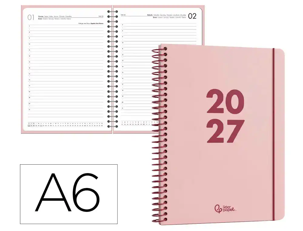 Agenda oficina liderpapel 2027 espiral basic dia pagina a6 bilingue 60g papel fsc rosa