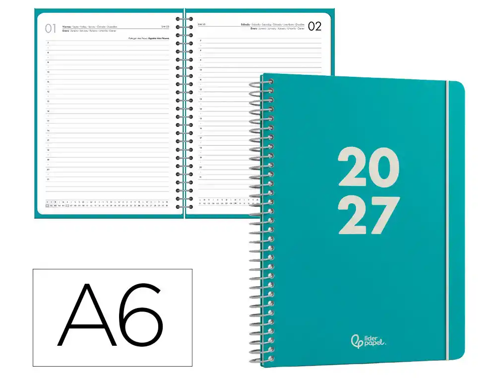 Agenda oficina liderpapel 2027 espiral basic dia pagina a6 bilingue 60g papel fsc turquesa